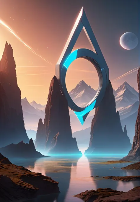 ethereal fantasy concept art of a floating monolithic alien structure, futuristic, (laserbeams shaped like an ((infinity:1.1) symbol:1.2):1.1), scifi, highly detailed, photorealistic, dynamic angle, intricate detail, hyper-realistic, (flooded mountainous) ...