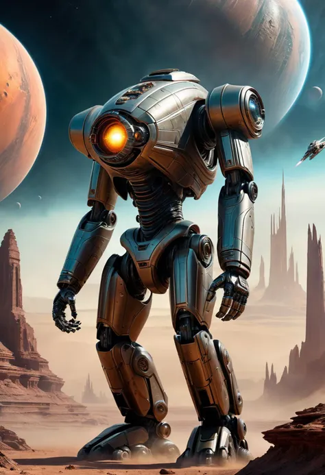 a close up of a robot standing in a desert with planets in the background