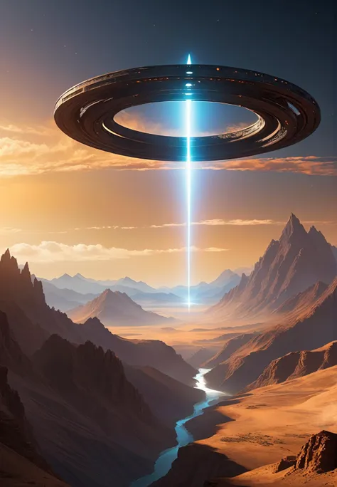 a large alien spaceship flying over a mountain range with a river