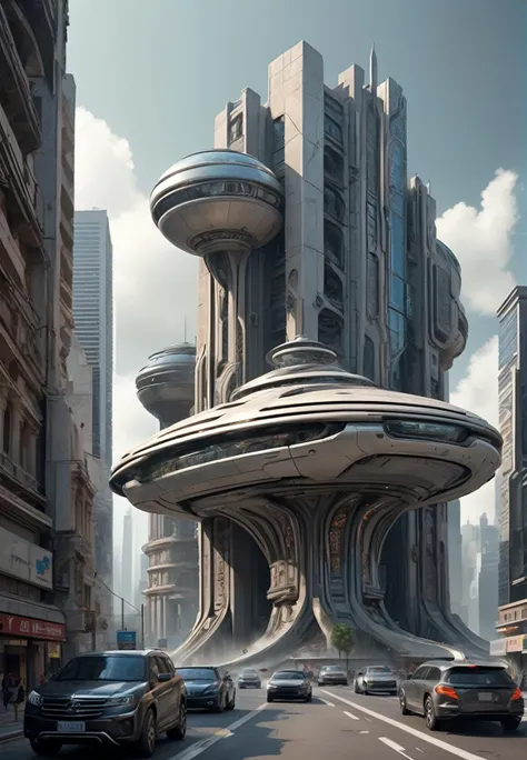 futuristic city with a futuristic structure in the middle of the street