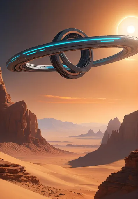 a close up of a futuristic spaceship flying over a desert