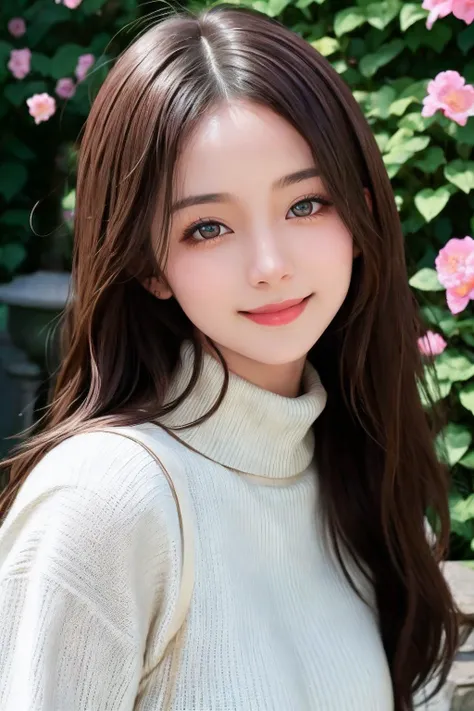 a woman with long brown hair and a white turtle neck sweater