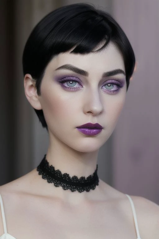 a woman with a choke and purple lipstick posing for a picture