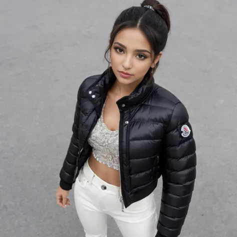 a close up of a woman in a black jacket and white pants