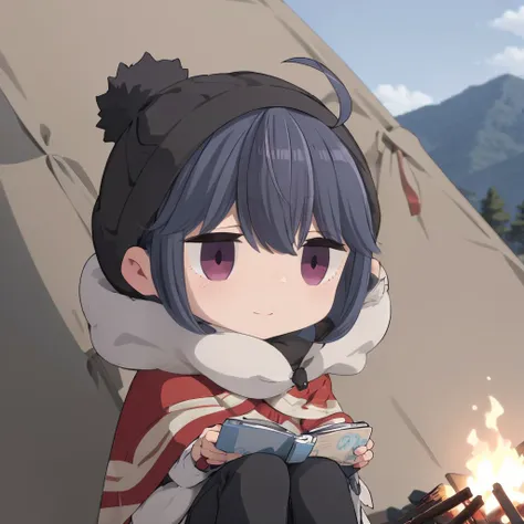 anime girl sitting on the ground with a campfire in front of her