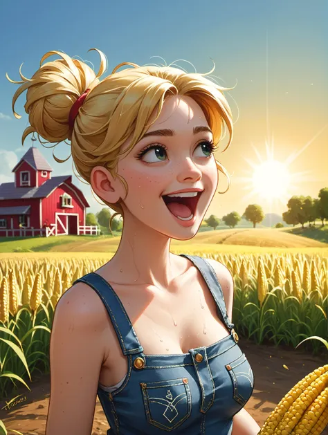 a woman in a blue dress holding a corn cob in a field