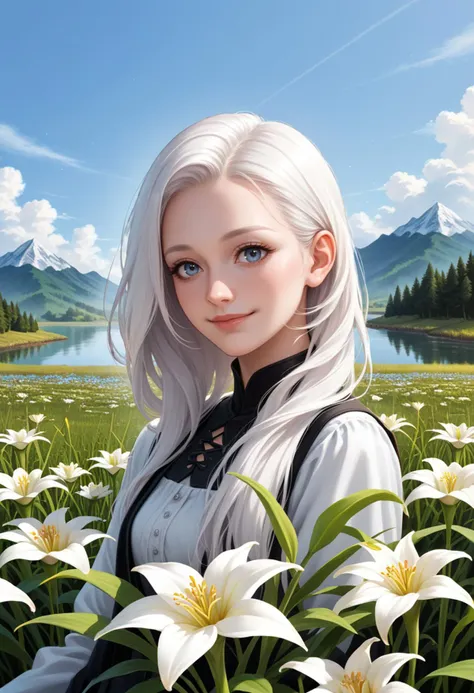 a woman with white hair and blue eyes standing in a field of flowers