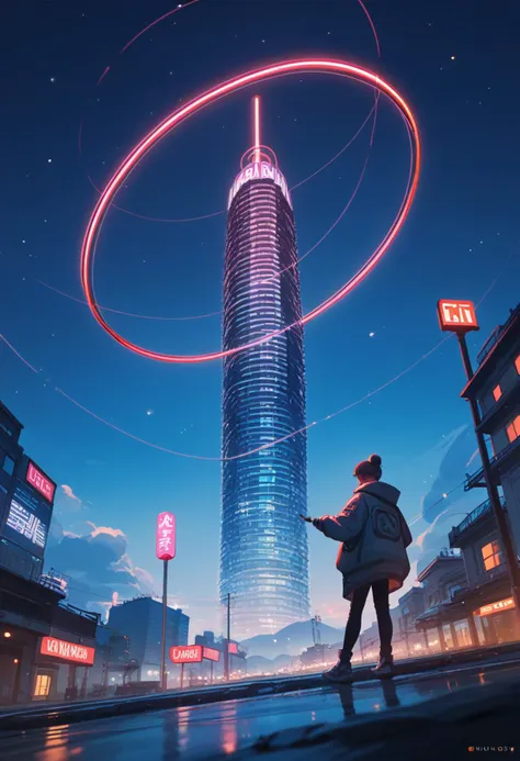 a woman standing in front of a tall building with a circular light