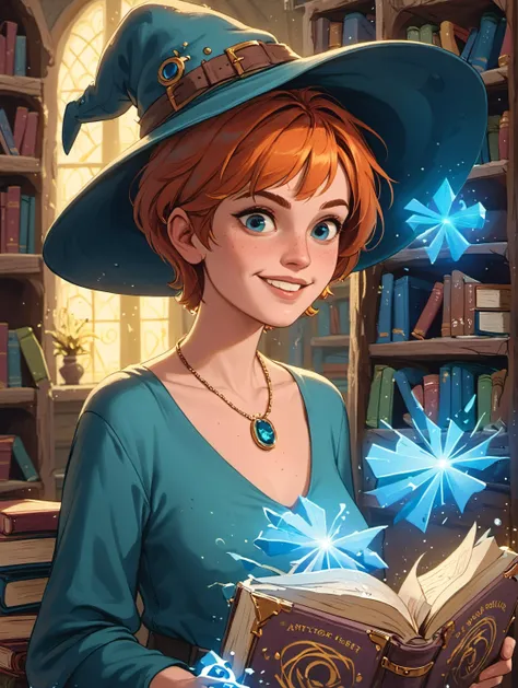 a woman in a witch hat holding a book in a library