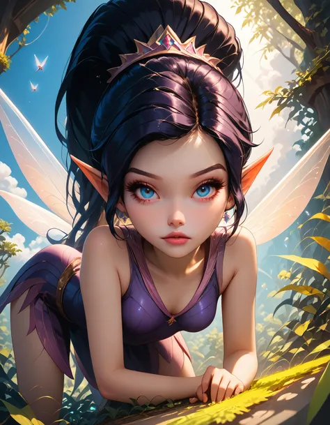 score_9_up, score_8_up, zPDXL2, intricate details, (absurd resolution), highly realistic,
cute young woman, long hair, ponytail, black hair, wings, fairy, pointy ears, fairy wings, lips, makeup, sultry expression, small breasts, wearing purple dress, sleev...