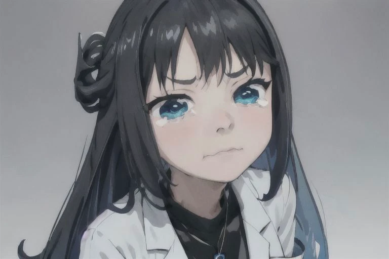 anime girl with long black hair and blue eyes wearing a white coat