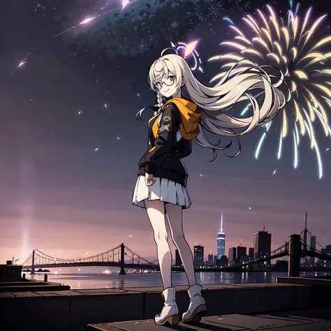 Night view, (look back),  <lora:otose_kotama:0.9>,1girl, purple halo over her head,downtowns,Full Body Statue,black eyewear,smile,depth of field, Sleeve puffer,Hair clip,White skirt,braid, fireworks in the sky, long jacket,finger gun
illustration, sketch, ...