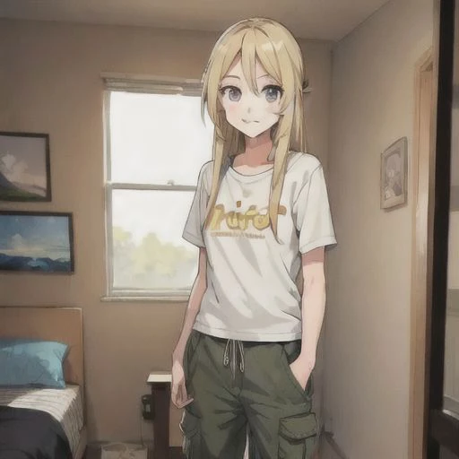 ((1girl)) tomboy girl long blond hair in cargo shorts looking at viewer, standing, in bedroom, smiling, masterpiece,