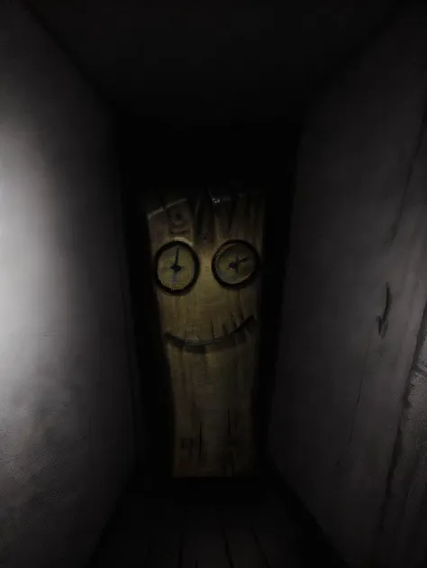 a close up of a creepy looking door in a dark room