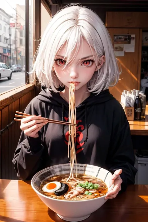 anime girl eating ramen with chopsticks in a bowl