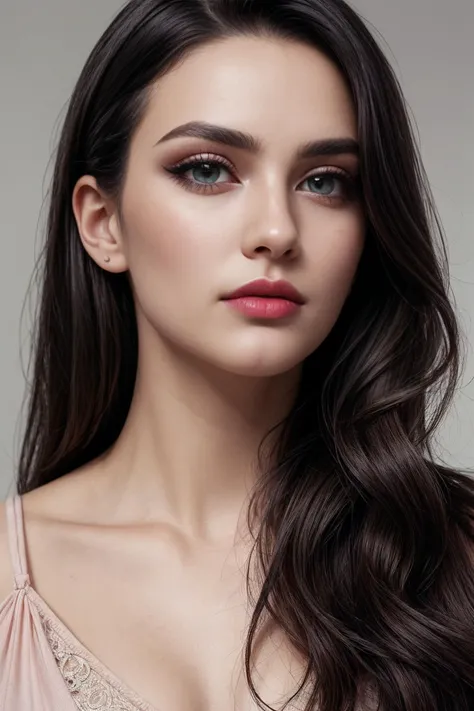 a woman with long dark hair wearing a pink dress