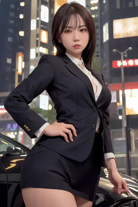 donchi,experienced mafia boss lady, scars, stern expression, stylish suit, powerful pose, intimidating aura, urban background, (...