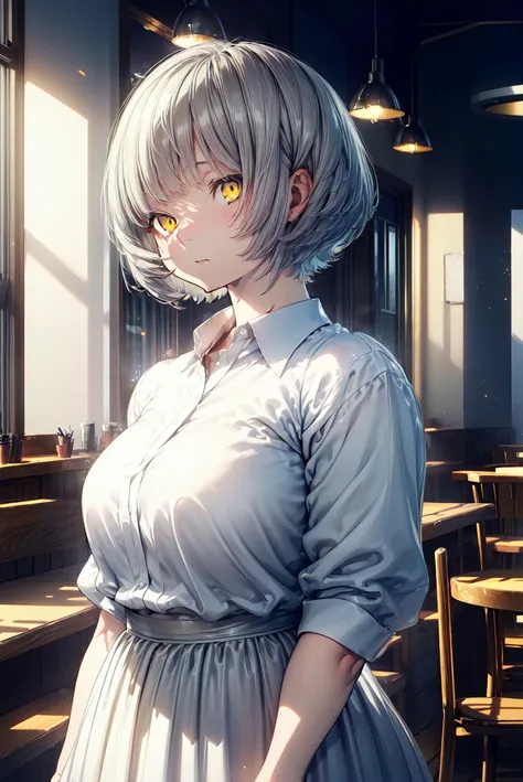 detailed illustration, close up, of a mature chubby woman, momoshiro_chiyoko, pretty face, emotionless expression, yellow eyes, grey hair, short hair, white shirt, white skirt, indoors, cafe, cinematic lighting, hires, volumetric lighting, highly detailed ...