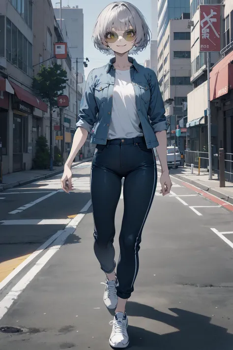 masterpiece, absurdres, high detail, uhd, outdoors, city, street,
walking, serious, light smile,
solo, momoshiro_chiyoko, yellow eyes, grey hair, short hair, sunglasses, t-shirt, denim jacket, track pants, sneakers,
<lyco:momoshiro_chiyoko_lora_ver1:0.7>