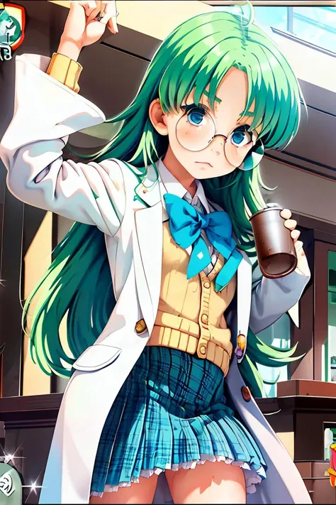 (masterpiece, best quality), 1girl,   <lora:Yukawa-Kise:1> yukawakise, green hair, ahoge, long hair, glasses, coke-bottle glasses, opaque glasses, round eyewear, blue eyes, green eyes, cardigan, labcoat, sleeves past wrists, white shirt, blue bowtie, blue ...