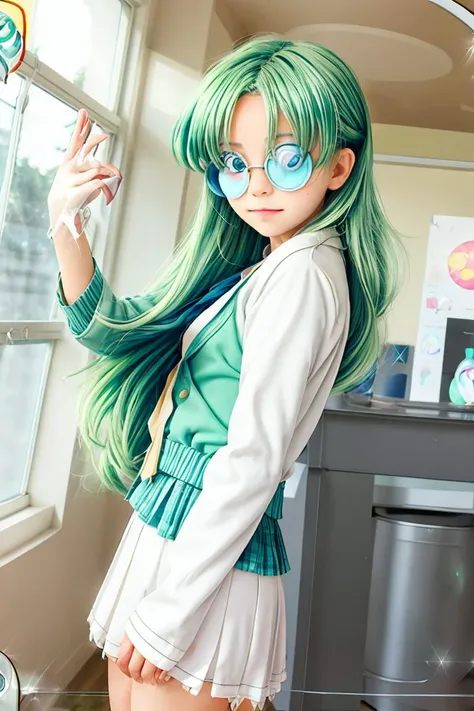 (masterpiece, best quality), 1girl,   <lora:Yukawa-Kise:1> yukawakise, green hair, ahoge, long hair, glasses, coke-bottle glasses, opaque glasses, round eyewear, blue eyes, green eyes, cardigan, labcoat, sleeves past wrists, white shirt, blue bowtie, blue ...