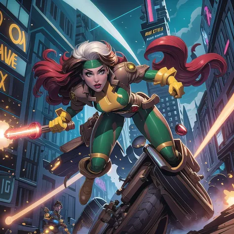 a close up of a woman in a green and yellow costume flying over a city