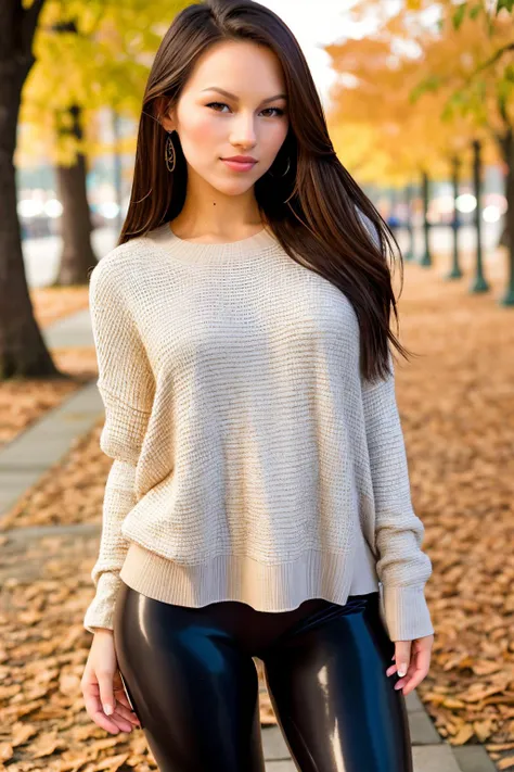 a woman in black leggings and a sweater posing for a picture