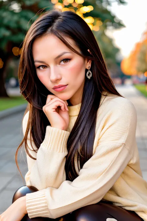 K4t3sPl4ygr0und_V1-Emb, (21 years old), long hair, smiling, modern photo, (wearing edgPO pullover, edgPO), <lora:edgPullovers:1>, (wearing leggings), in the park, calm atmosphere, (35mm, F/2.8) Photo Focus, DOF, Aperture, insanely detailed and intricate, c...