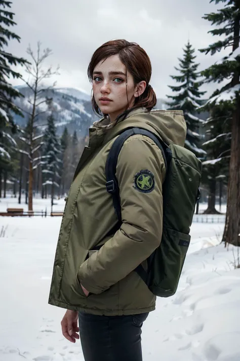 TLOU2Ellie, brown hair, green eyes, green parka, backpack, jeans, looking at viewer, serous, medium shot, standing, outside, park, field, snow, trees, winter, blue sky, high quality, masterpiece, <lora:TLOU2Ellie:.7>