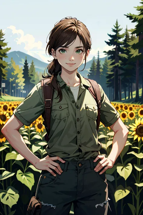 ((ultra detailed, masterpiece, absurdres))
 <lora:TLOU2Ellie:0.8>
TLOU2Ellie, 1girl, solo, long hair, brown hair, green eyes, surrounded by sunflowers in a bright field, smiling, with hands on hips