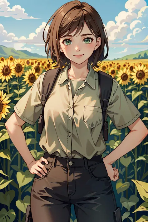 ((masterpiece, best quality))
<lora:TLOU2Ellie:0.8>
TLOU2Ellie, 1girl, solo, brown hair, green eyes, surrounded by sunflowers in a bright field, smiling, with hands on hips