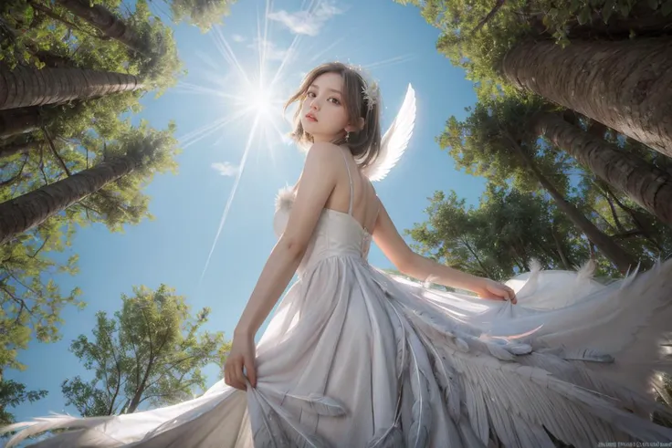 in forest,angelwing,backlit,white dress,looking at viewer,Angle looking up from below,Feathers dance,<lora:hairdetailer:1>,<lora:GodPussy2 v1:0.6>,godpussy2,