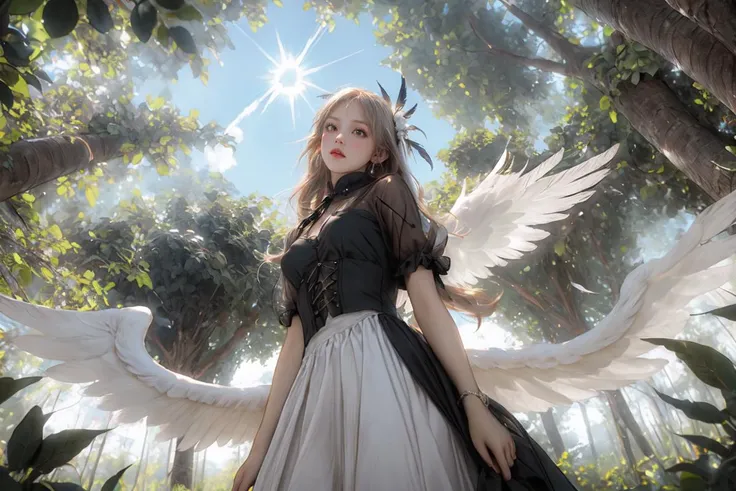 in forest,angel wings,backlit,looking at viewer,Angle looking up from below,Feathers dance,<lora:hairdetailer:1>,<lora:GodPussy2 v1:0.6>,godpussy2,see-through,white_gothic_lolita,multiple_wings,smire,