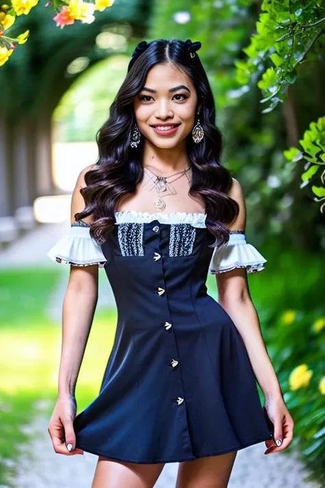 vina-3000 ,Masterpiece, best quality, ultra high res, (photorealistic:1.4) , fit, tiny waist, smiling, blushing, pink cheeks, standing, model , (black victorian style dress, beautiful face, makeup:1.4), Chateau de Versailles, France, garden of versailles, ...