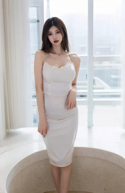 a woman in a white dress standing in a bathtub