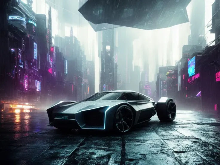 dark photo of single futuristic  metallic texture cyberpunk flying car with futuristic cyberpunk landscape, cinematic concept ar...