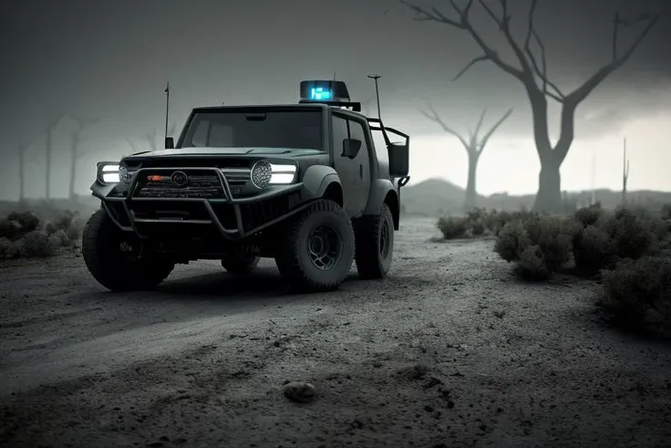 a dark photo of (((car))), by simon stalenhag style,8k resoultion,hyper realstic , black and white , jungle, dakar rally, scifi ...