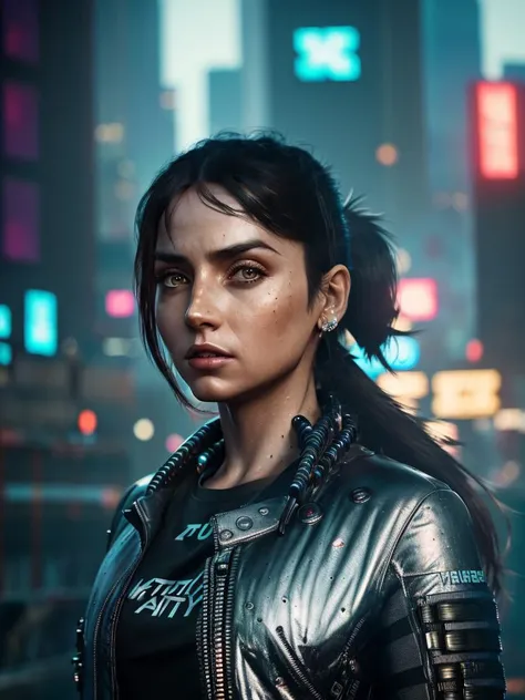 woman stands in the cyberpunk city, <lora:person_AnaDeArmasv2:1.3>, looking at the camera, full body 8k unity render, photorealistic digital art trending on Artstation 8k HD high definition detailed realistic, 33 years old, long black hair, ponytail, ((cle...