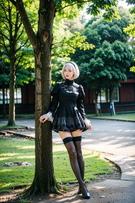 Leaning against an invisible tree,
1girl,
<lora:2B:0.6>, 2_B,beautiful girl,white hair,short hair,(fluffy hair:1.2),black hairband,detailed blue eyes,black short dress,cleavage,cleavage cutout,(huge breasts:1.1),puffy sleeves,long sleeves,juliet sleeves,bl...