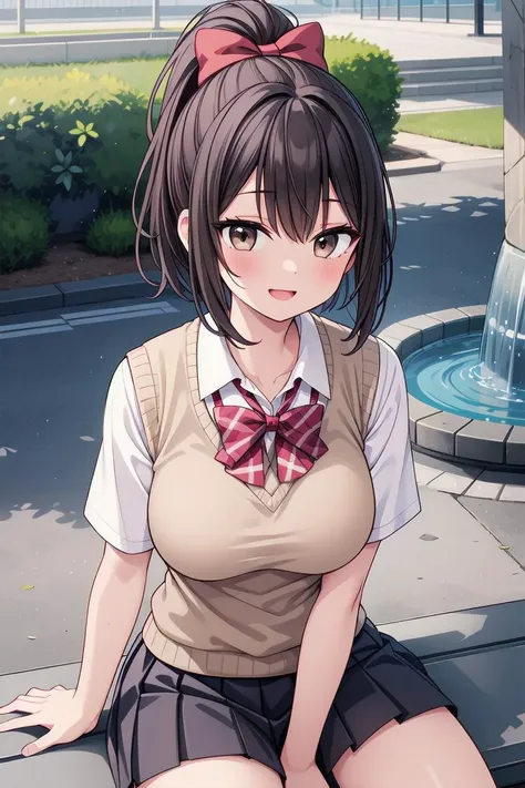 highly detailed,high res,(best quality1.2),official art,1girl,solo,a stunning beautiful girl,nice hands,perfect hands,
BREAK  (school uniform:1.2),(white blouse,short sleeves,red bow tie:1.1),
BREAK (brown sweater vest),dark colored pleated skirt
BREAK (op...