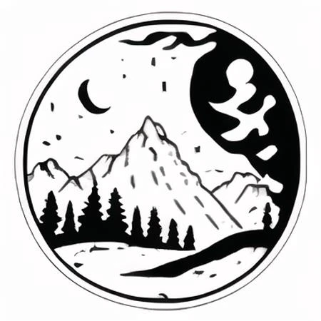 a black and white image of a mountain with trees and a moon