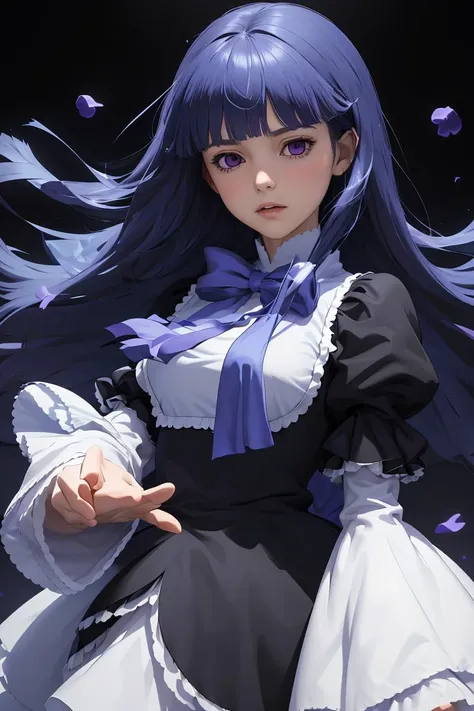 (masterpiece, best quality), 1girl, <lora:frederica_bernkastel_v1:1> aabern, long hair, blue hair, blunt bangs, purple eyes, bowtie, frills, black dress, puffy sleeves, short over long sleeves, long sleeves