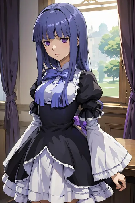 a close up of a woman in a maid outfit standing in front of a window