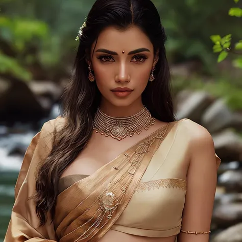 TiffanyKeller, a woman, she is wearing a sari, jewellery, standing near a river, modelshoot style, extremely detailed CG unity 8k wallpaper, 8k uhd, dslr, soft lighting, high quality, film grain, Fujifilm XT, ((realistic))