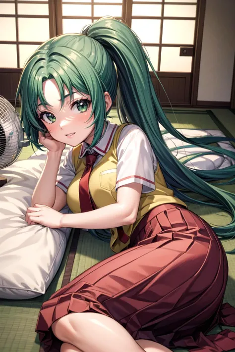 (masterpiece, best quality, detailed), 1girl, solo, Mion Sonozaki, green hair, green eyes, ponytail,
white shirt, red necktie, yellow vest, red skirt, indoors, tatami, sliding doors, cushion, electric fan, kotatsu, lying, on side, head rest