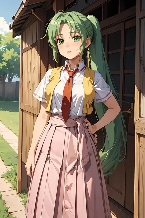 anime girl with green hair and a pink skirt standing in front of a wooden building