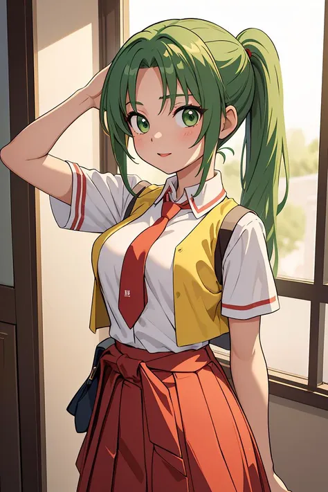 anime girl with green hair and a red tie standing in front of a window