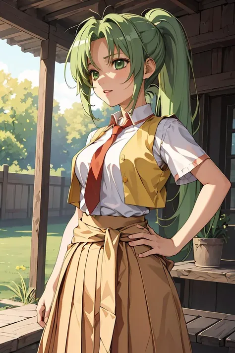 anime girl with green hair and a tie standing on a porch