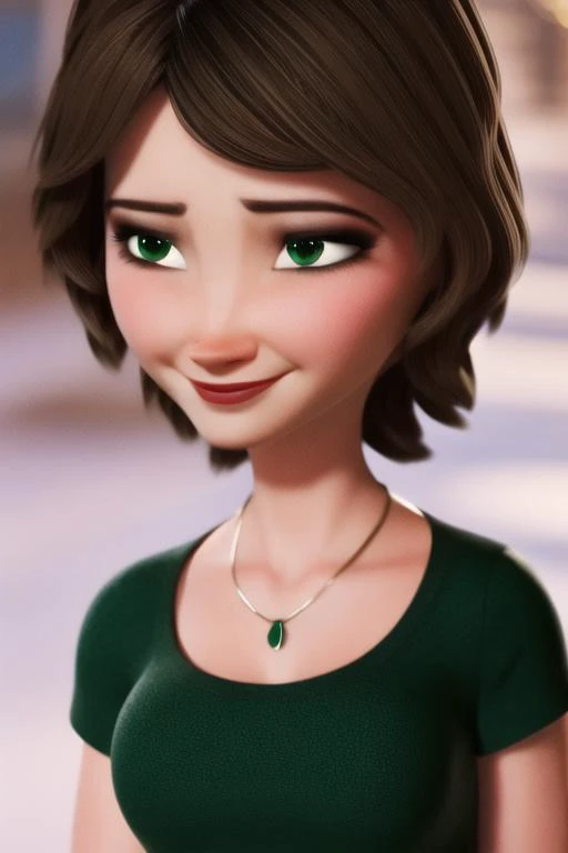 a cartoon girl with green eyes and a necklace on her neck