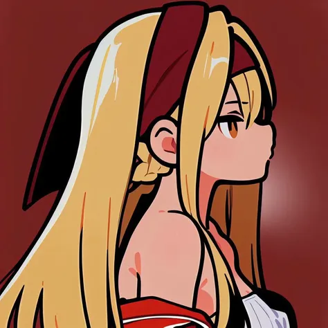 anime girl with long blonde hair and red and white dress